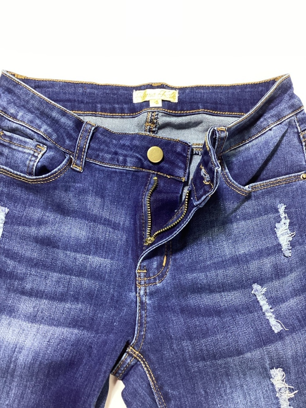 Women’s Dark Blue High Waist Distressed Flare Jeans - Picture 4 of 11